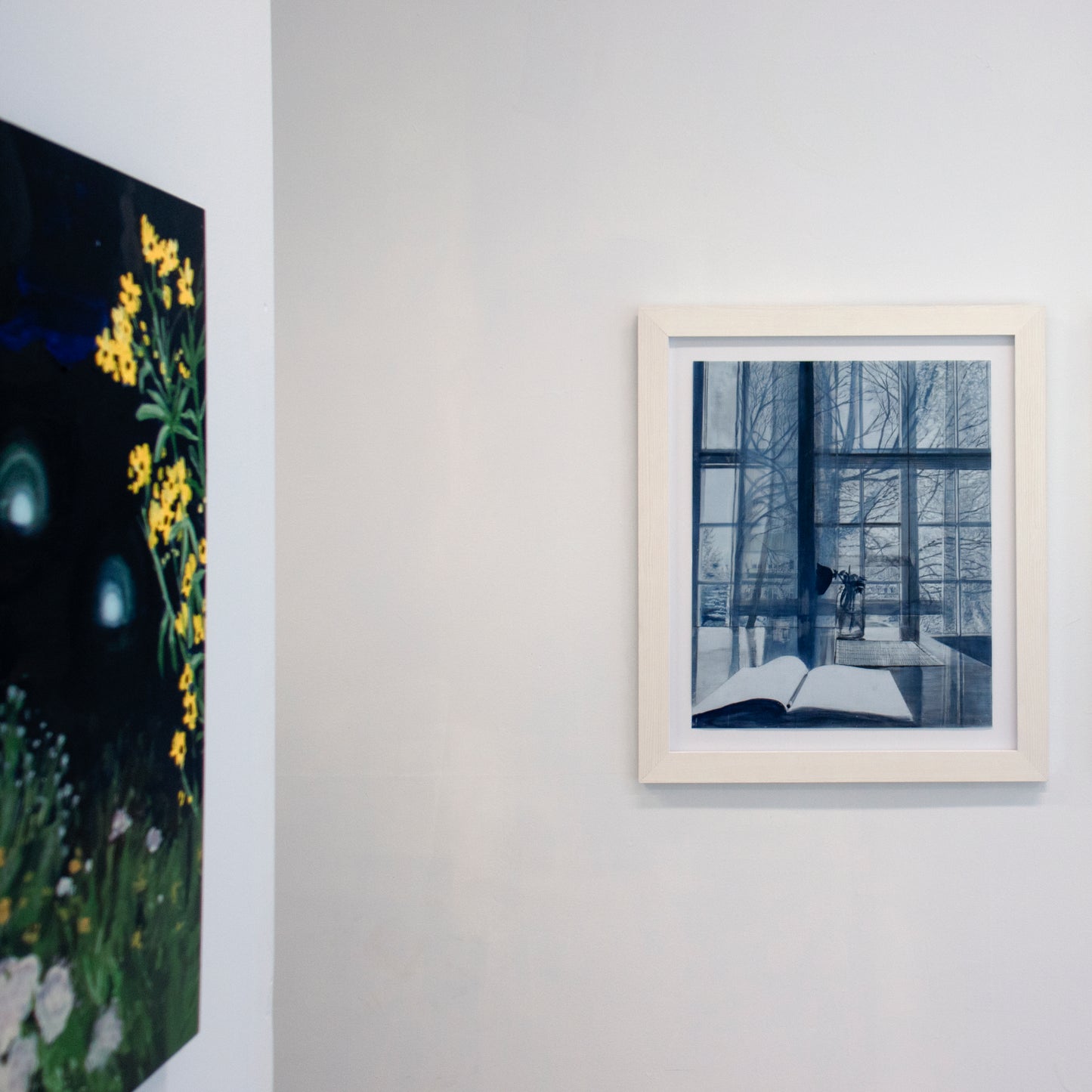 Stephanie by Rebecca Chamberlain, lithography ink painting on 22" x 16" vintage tracing cloth professionally mounted floating in 1.75" white-stained wood frame behind museum glass shown installed.