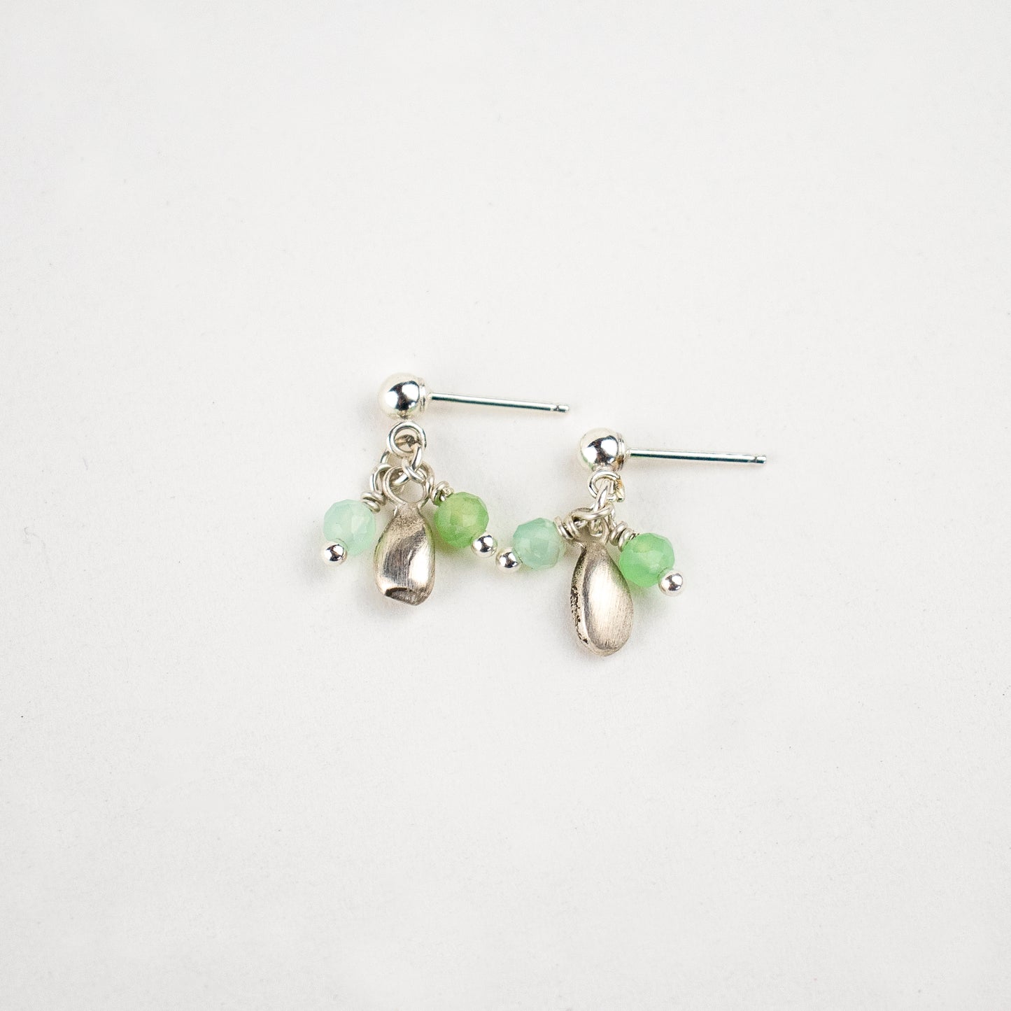 Reclaimed solid sterling silver seed stud earrings hand-beaded with your choice of two 2 mm chrysoprase, opal, watermelon tourmaline, aquamarine, moonstone, onyx, or a mix of citrine and labradorite beads