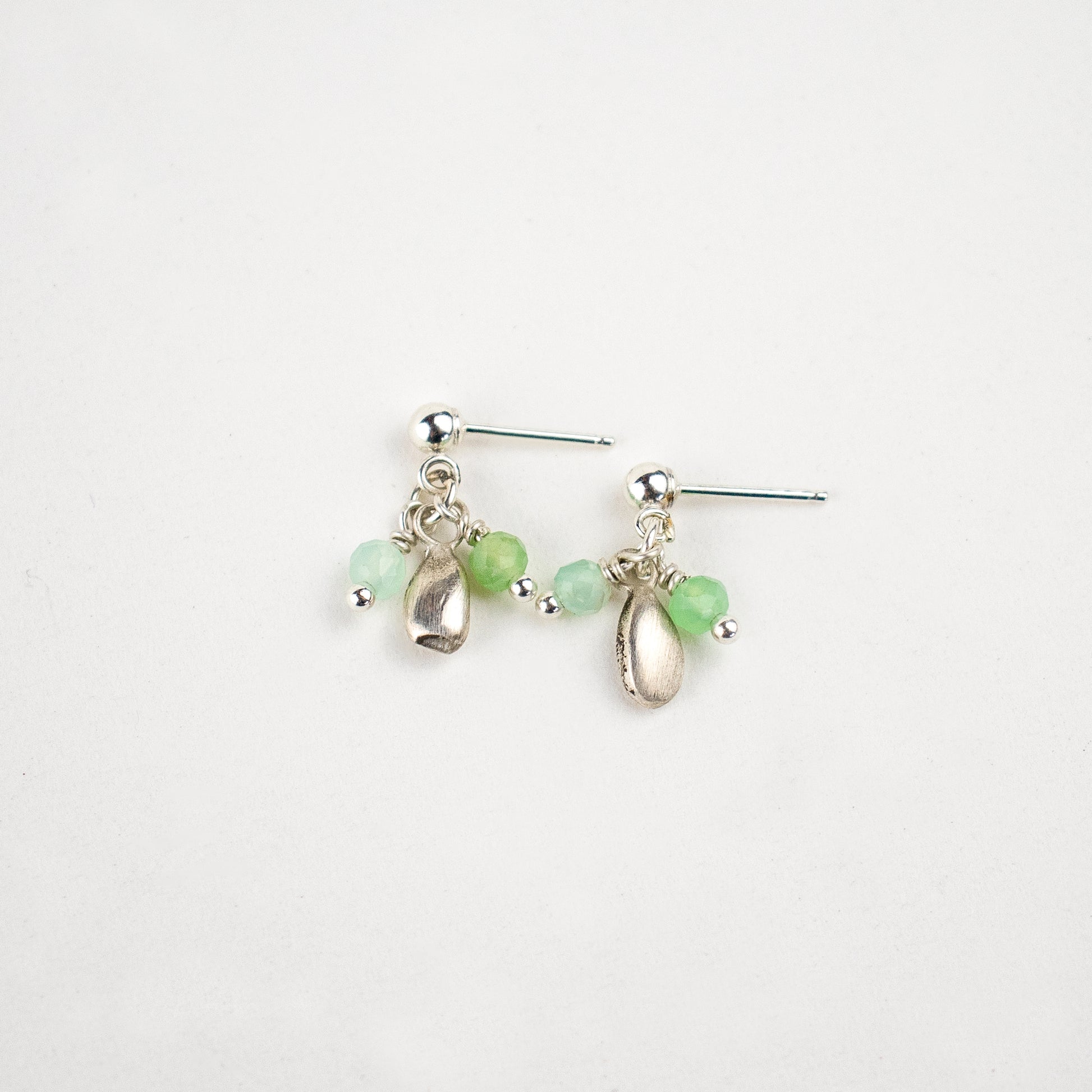Reclaimed solid sterling silver seed stud earrings hand-beaded with your choice of two 2 mm chrysoprase, opal, watermelon tourmaline, aquamarine, moonstone, onyx, or a mix of citrine and labradorite beads