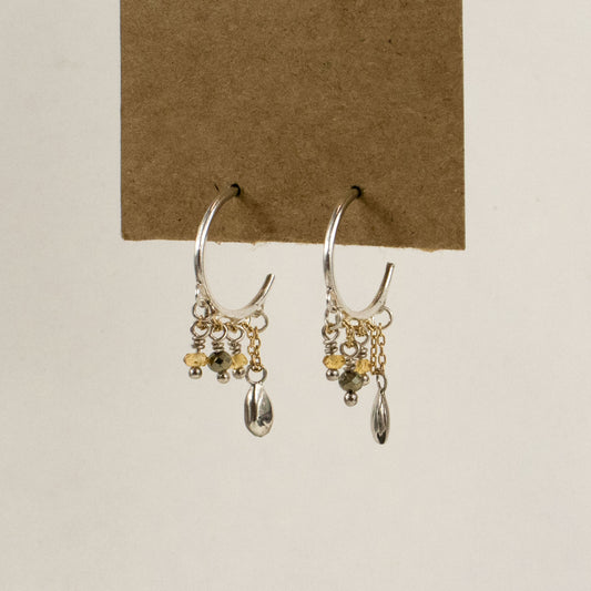 Solid reclaimed sterling silver seed and hoops threaded with gold-filled chain hand-beaded with citrine, labradorite and pyrite handmade and finished in our Catskills store-studio and available as singles to mix-and-match