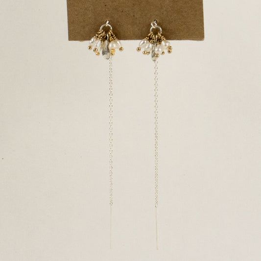 Reclaimed sterling silver threader earrings hand-beaded with seven freshwater pearl teardrops and sterling seed finished in our Catskills store-studio and available as singles to mix-and-match