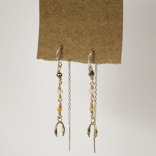 Sterling silver hooks and gold-filled wire threaders beaded with citrine, pyrite and one freshwater pearl, available with either solid reclaimed 10k gold or sterling silver horseshoe charms, handmade and finished in our Catskills store-studio and available as singles to mix-and-match.