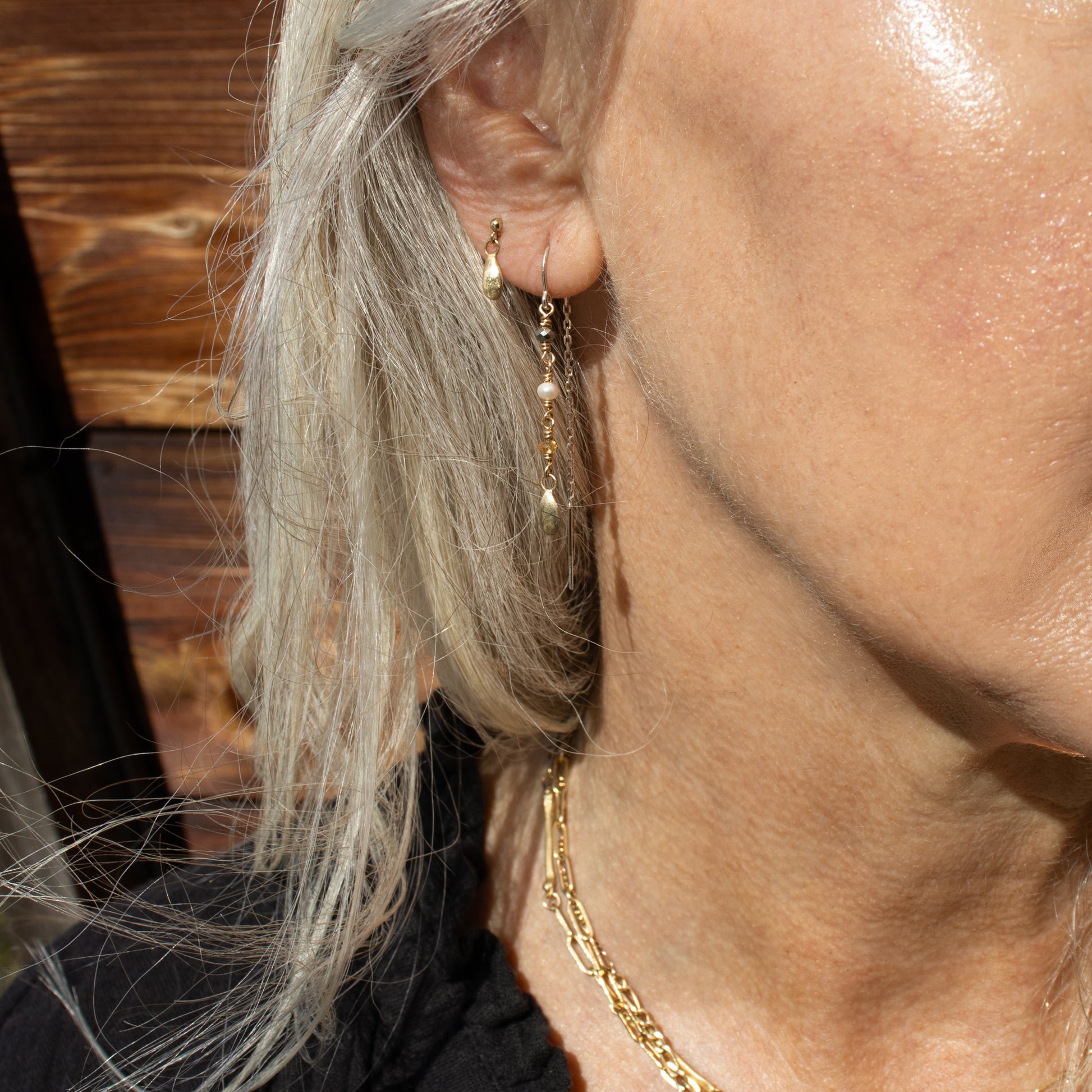 Reclaimed sterling silver and gold-filled wire threader earrings beaded with citrine, pyrite and one freshwater pearl and available with either 10k gold or sterling silver seed charms.