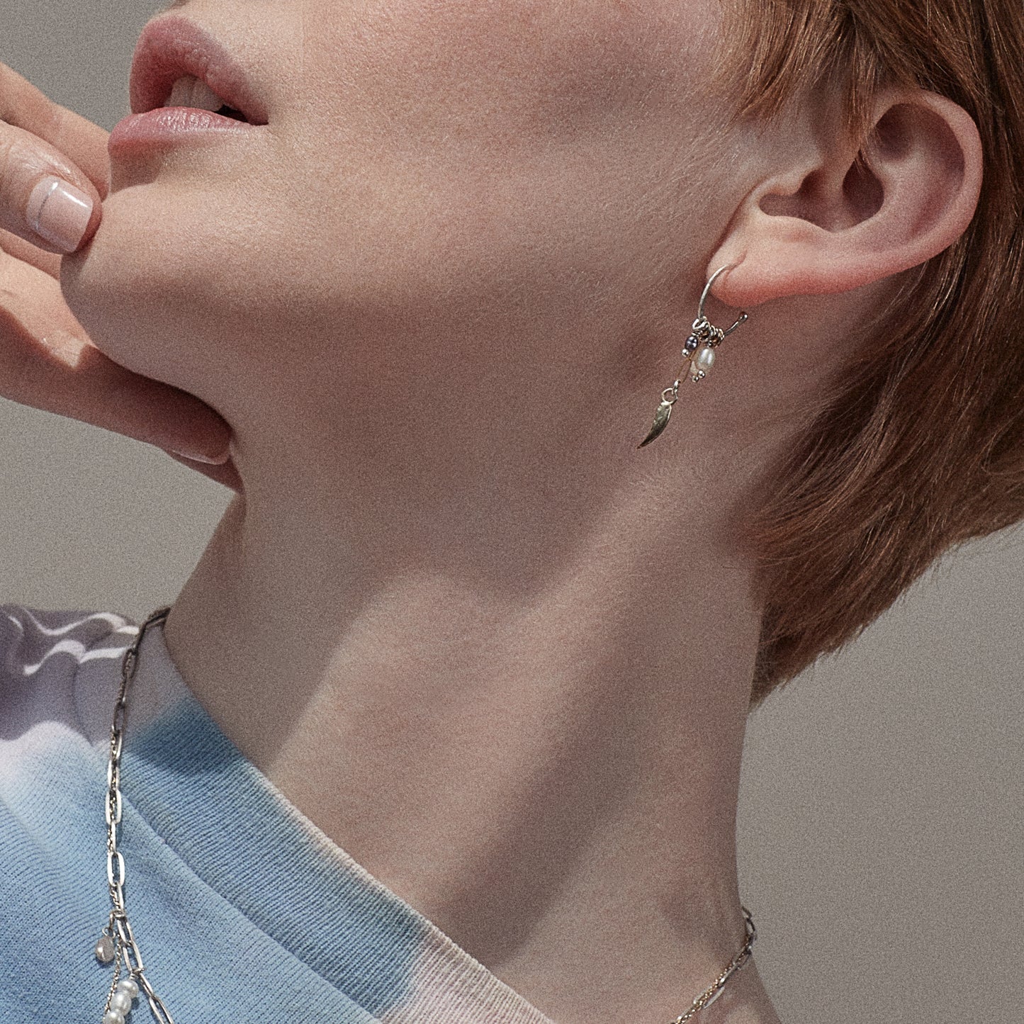 Reclaimed sterling silver hoops 1.5 inch in diameter with solid sterling claws, freshwater and peacock pearls, and gold-filled chain and jump-rings handmade and finished in our Catskills store-studio.