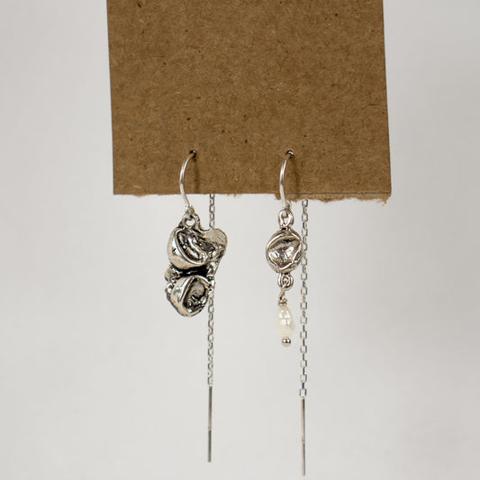 Reclaimed sterling silver or brass seaweed pods with a freshwater pearl drop dangling from sterling hooks and fine chain handmade and finished in our Catskills store-studio.