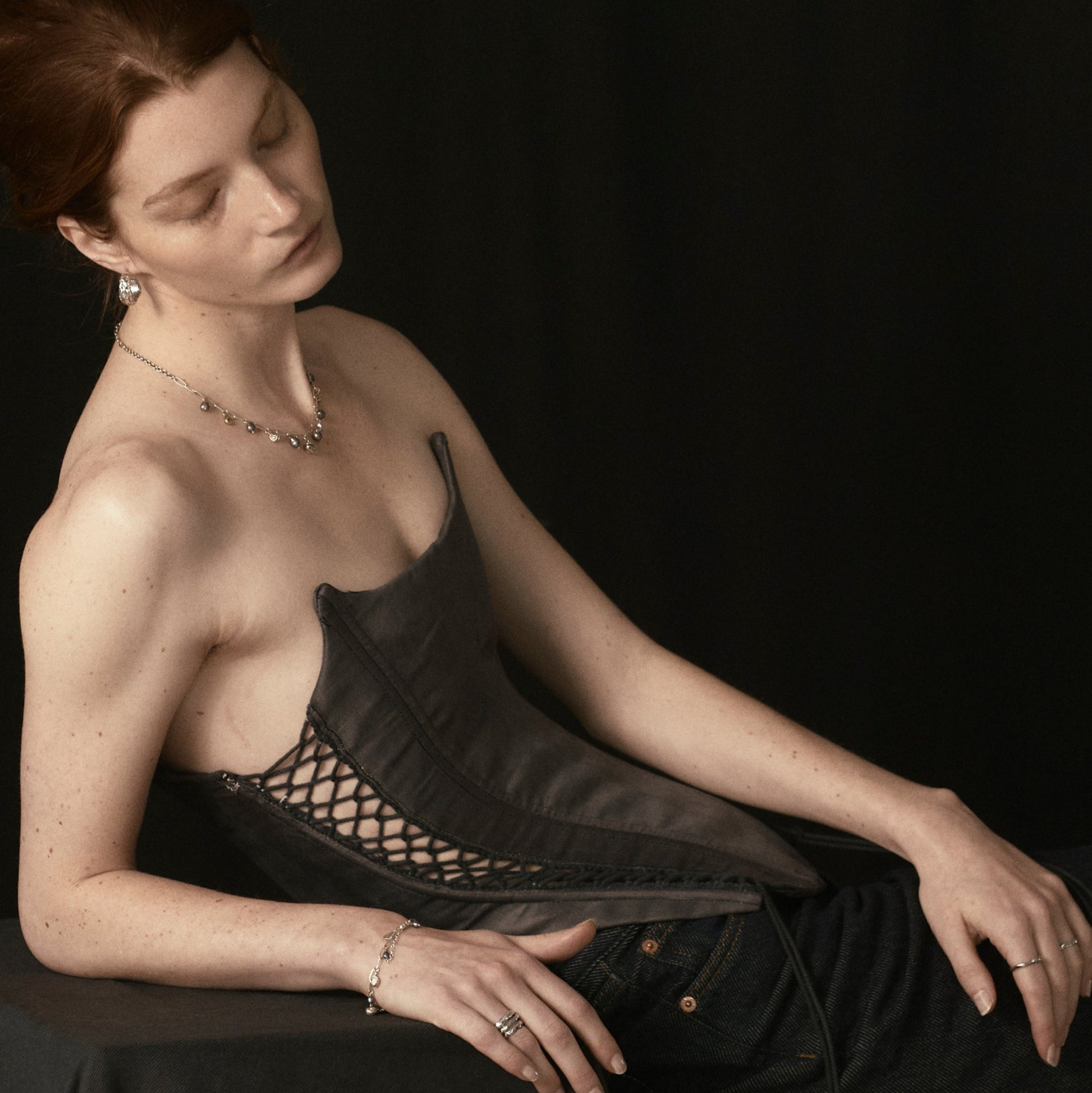 Reclaimed sterling silver and brass 5 mm seaweed pods beaded with six 4 mm black pearls on sterling chain 7 inches in diameter handmade and finished in our Catskills store-studio