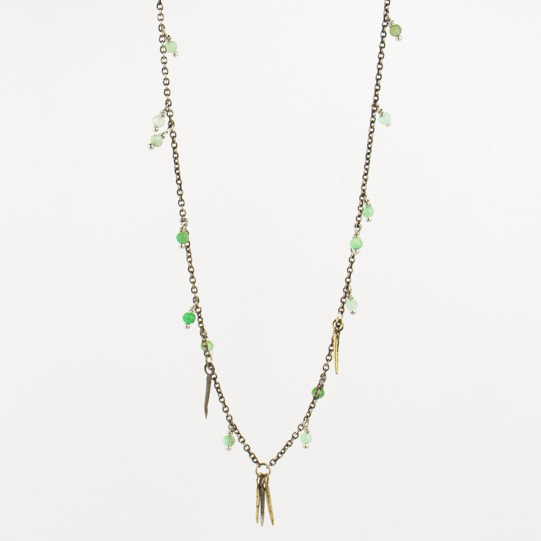 Five solid reclaimed small brass and partially oxidized sterling silver 0.5 inch snake-spikes and beads on sterling cable-chain adjustable 16 - 20 inches hand-beaded with your choice of chrysoprase, opal, watermelon tourmaline, aquamarine, moonstone, onyx, citrine, pyrite or labradorite. Handmade and finished in our Catskills store-studio.