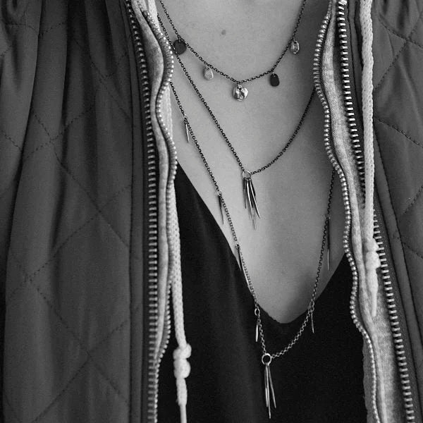 Solid reclaimed sterling silver and brass Maine multi-rock necklace on sterling cable-chain adjustable 18 - 22 inches handmade and finished in our Catskills store-studio shown on model.