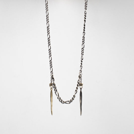 Solid reclaimed sterling silver and brass spikes on sterling Figaro mixed-chain adjustable 15 - 18 inches handmade and finished in our Catskills store-studio.