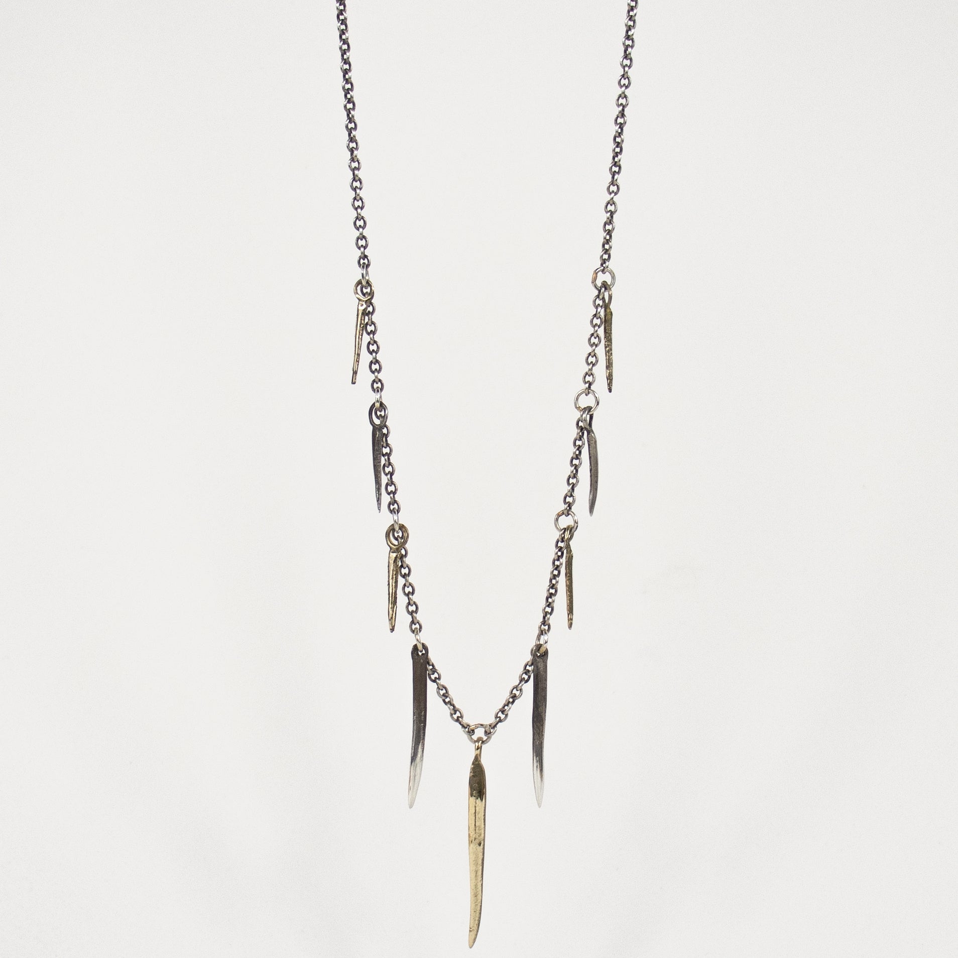 Solid reclaimed sterling silver and brass mixed-size spikes on sterling cable-chain adjustable 16 - 20  inches handmade and finished in our Catskills store-studio.
