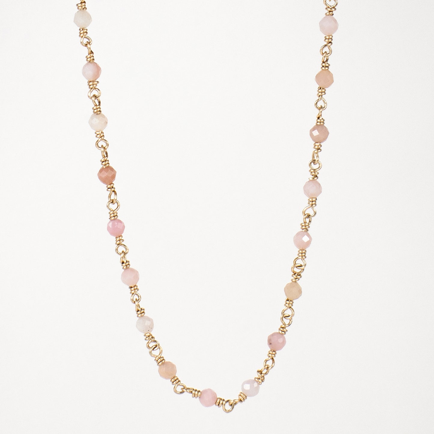 Gold-filled Figaro chain adjustable 15 - 17 inches hand-beaded with your choice of pink opal, freshwater pearls, watermelon tourmaline, and chrysoprase finished in our Catskills store-studio