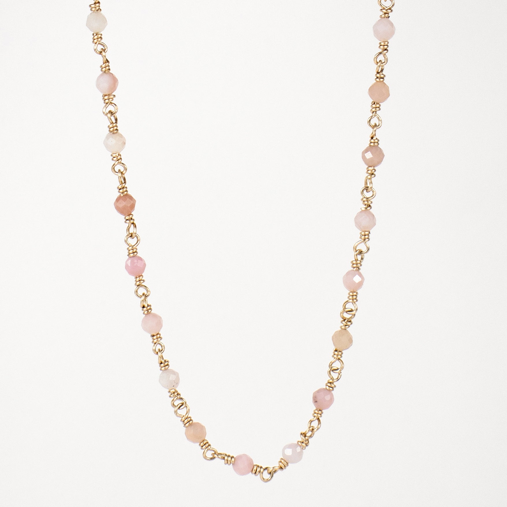 Gold-filled Figaro chain adjustable 15 - 17 inches hand-beaded with your choice of pink opal, freshwater pearls, watermelon tourmaline, and chrysoprase finished in our Catskills store-studio