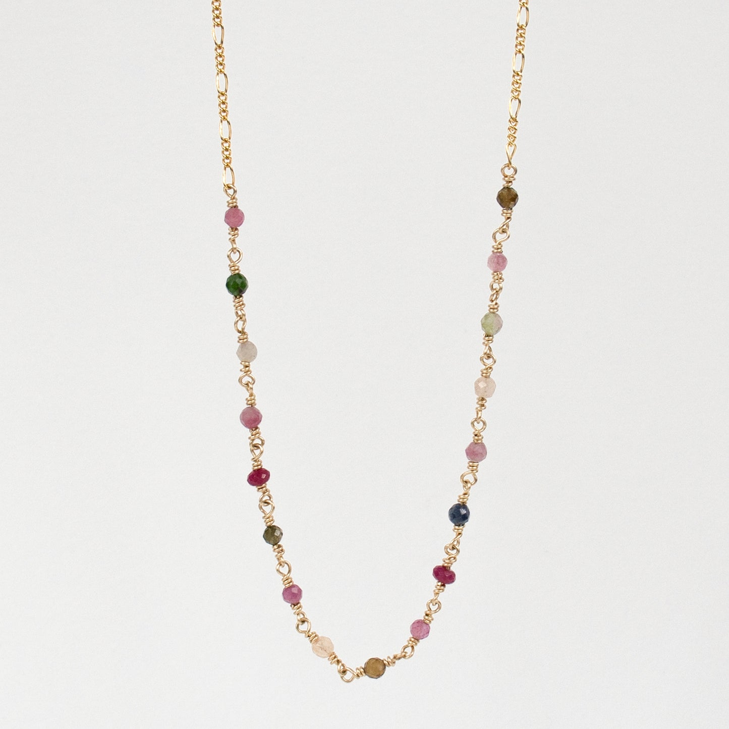 Gold-filled Figaro chain adjustable 15 - 17 inches hand-beaded with your choice of pink opal, freshwater pearls, watermelon tourmaline, and chrysoprase finished in our Catskills store-studio