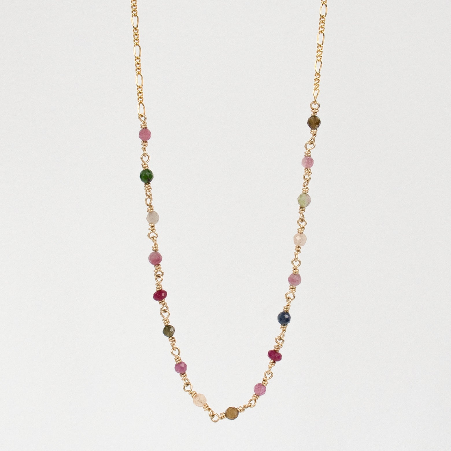 Gold-filled Figaro chain adjustable 15 - 17 inches hand-beaded with your choice of pink opal, freshwater pearls, watermelon tourmaline, and chrysoprase finished in our Catskills store-studio