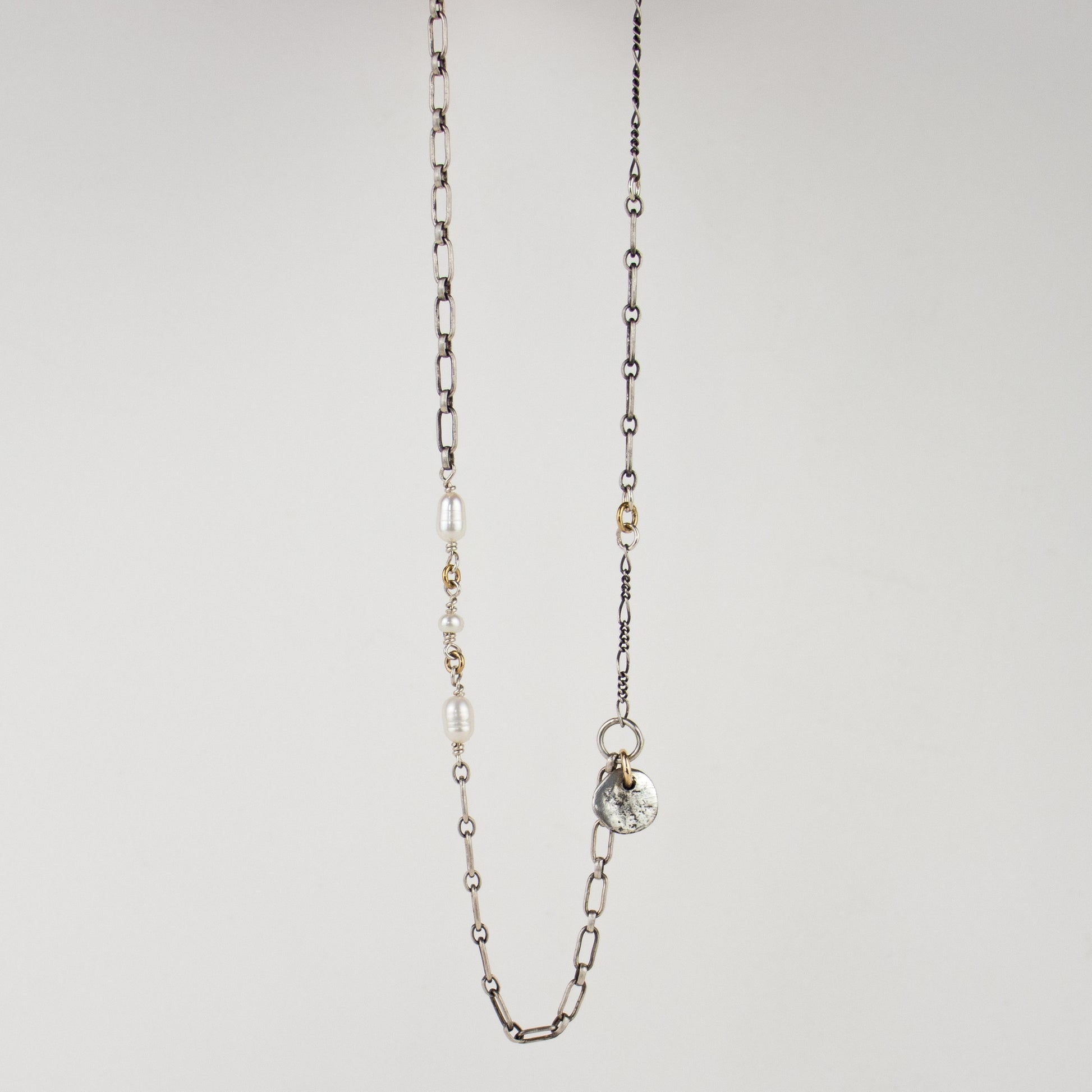 Solid reclaimed sterling silver rock charm on sterling mixed-chain hand-beaded with three freshwater pearls adjustable 16 - 20 inches handmade and finished in our Catskills store-studio.