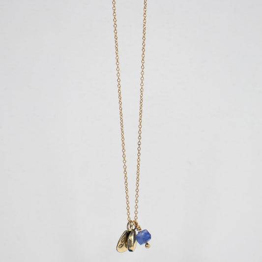 Solid reclaimed 14k gold seed with 4mm blue sapphire bead and 14k Kria signature tag on an 18 inch on 14k fine cable-chain. Handmade and finished in our Catskills store-studio.