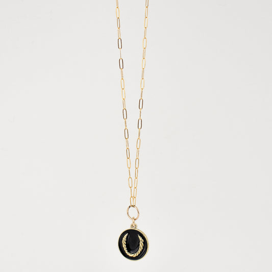 Solid reclaimed 10k gold Roped Horseshoe charm 15 mm in diameter with your choice of black or lemon enamel on gold-filled fine paperclip chain adjustable 16 - 18 inches handmade and finished in our Catskills store-studio. Upright, the symbol serves as a receptacle for good luck as well as protection for its owner.