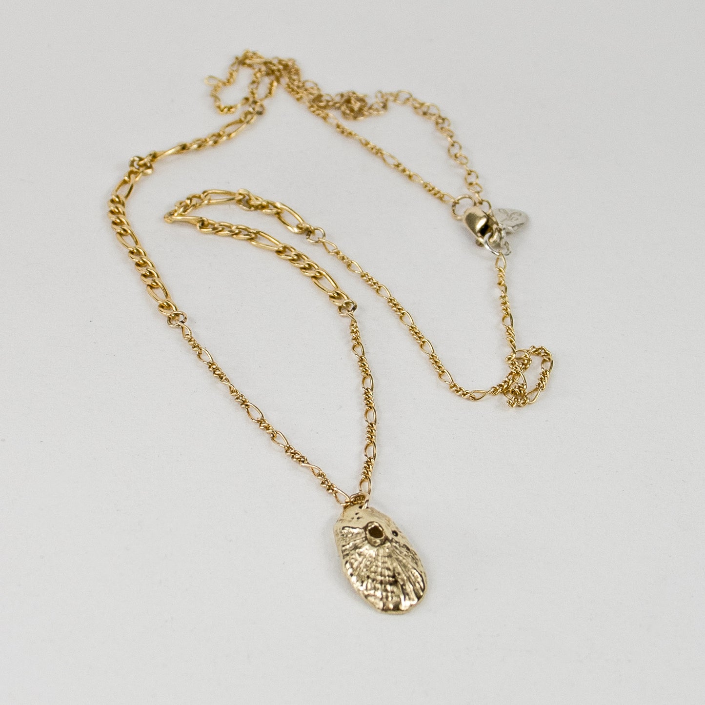 Solid reclaimed 10k gold Pacific keyhole shell pendant 0.75 inches in length on gold-filled mixed Figaro chain adjustable 18 - 20 inches and finished in our Catskills store-studio.