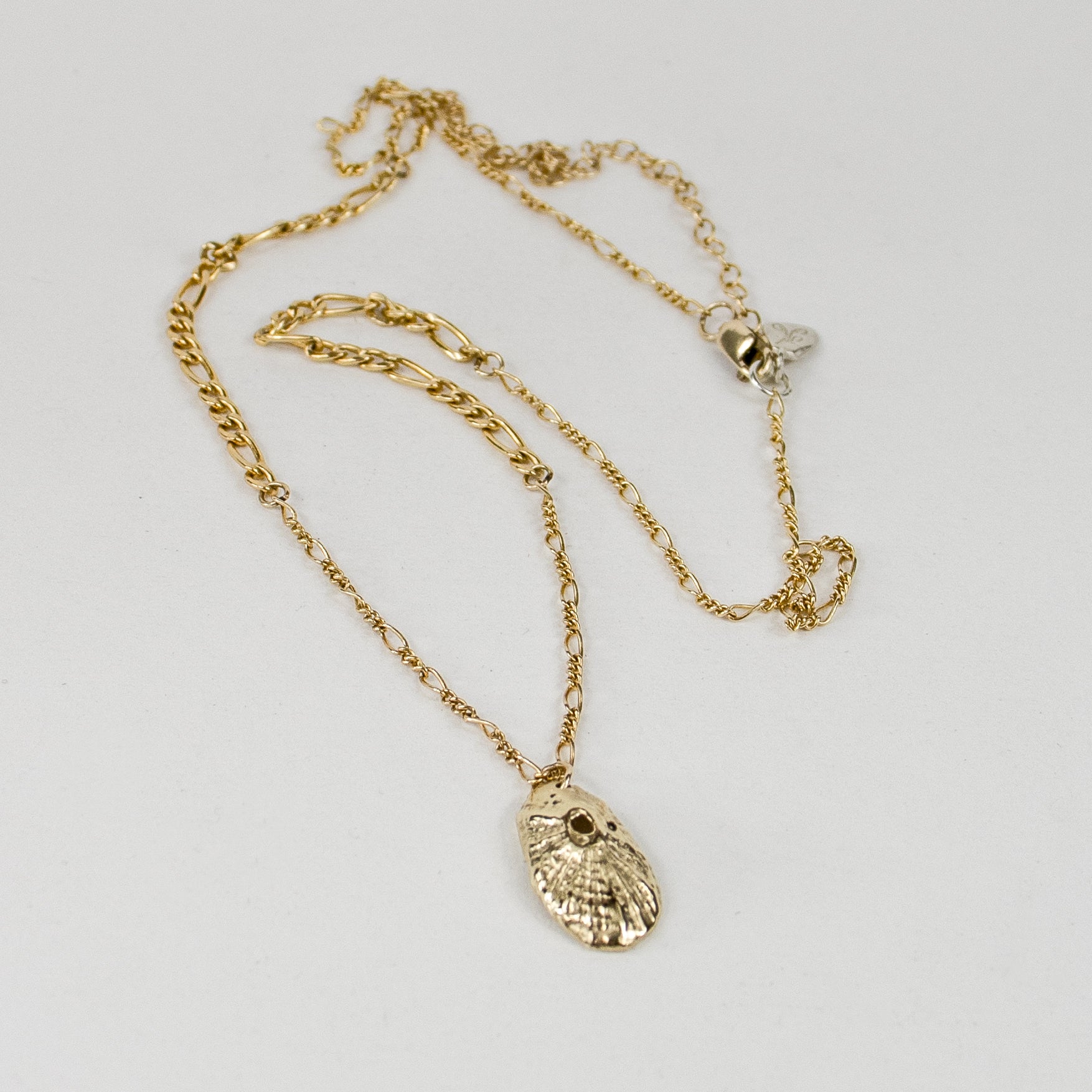 Solid reclaimed 10k gold Pacific keyhole shell pendant 0.75 inches in length on gold-filled mixed Figaro chain adjustable 18 - 20 inches and finished in our Catskills store-studio.