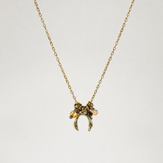 Solid reclaimed 10k gold horseshoe and jump-rings on 16 inch fine gold-filled chain hand-beaded with citrine and pyrite and finished in our Catskills store-studio.