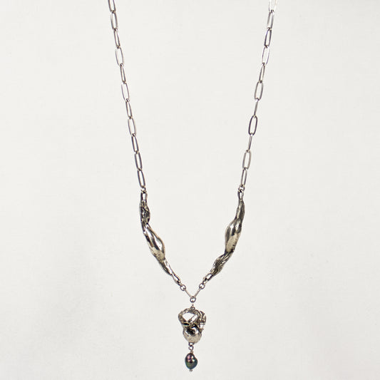 Reclaimed sterling silver seaweed feathers and pod pendant with 3 mm black pearl on sterling paperclip chain adjustable 16-18 inches handmade and finished in our Catskills store-studio