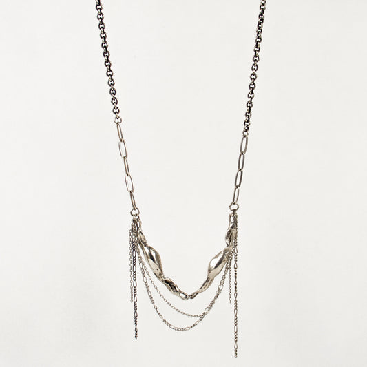 Two reclaimed sterling silver or brass 2 inch seaweed feathers with sterling mixed-chain tassels on sterling paperclip chain adjustable 16-18 inches handmade and finished in our Catskills store-studio