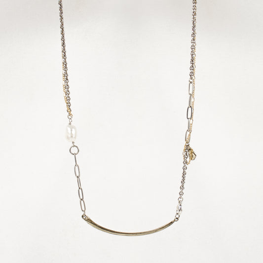 Arc pendant measuring 2 inches available in reclaimed sterling silver or brass on 16 inch sterling and gold-filled mixed-chain hand-beaded with a freshwater pearl handmade and finished in our Catskills store-studio