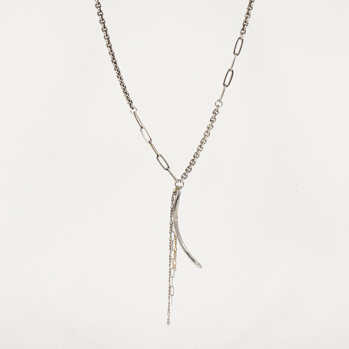 Arc charm measuring 1.5 inches available in sterling silver or brass with sterling and gold-filled tassels on heavy sterling silver mixed-chain adjustable 16-18 inches handmade and finished in our Catskills store-studio