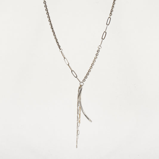 Arc charm measuring 1.5 inches available in sterling silver or brass with sterling and gold-filled tassels on heavy sterling silver mixed-chain adjustable 16-18 inches handmade and finished in our Catskills store-studio