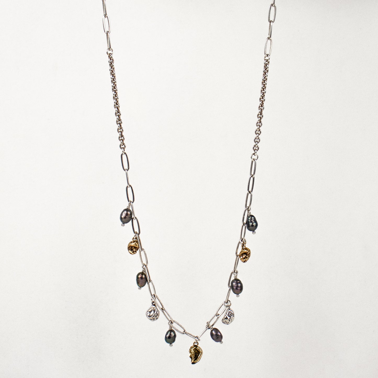 Reclaimed sterling silver and brass seaweed pods 5 mm each beaded with six 4 mm black pearls on mixed sterling chain adjustable 16-18 inches handmade and finished in our Catskills store-studio