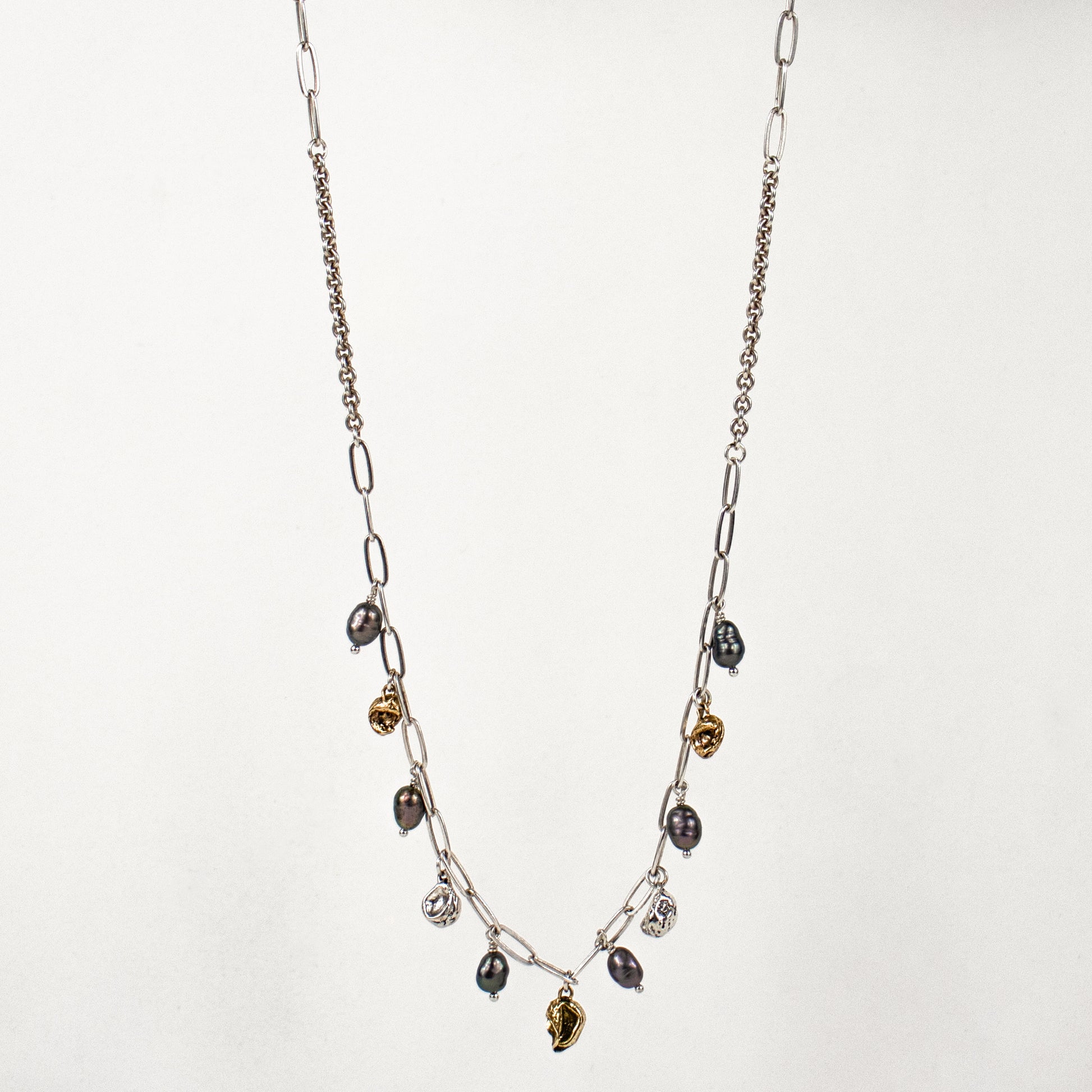 Reclaimed sterling silver and brass seaweed pods 5 mm each beaded with six 4 mm black pearls on mixed sterling chain adjustable 16-18 inches handmade and finished in our Catskills store-studio