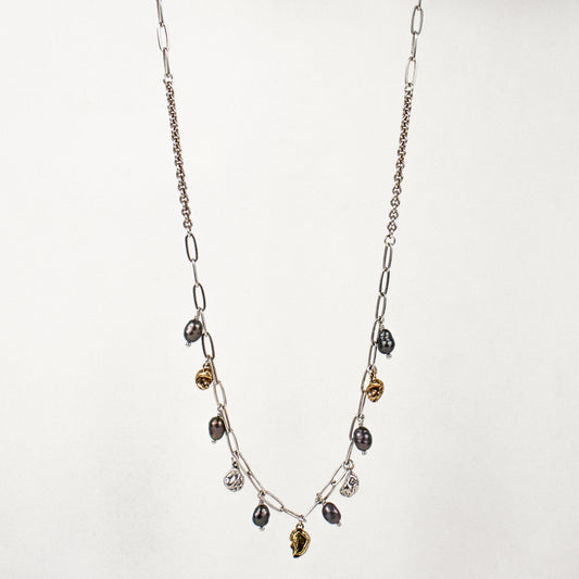 Reclaimed sterling silver and brass seaweed pods 5 mm each beaded with six 4 mm black pearls on mixed sterling chain adjustable 16-18 inches handmade and finished in our Catskills store-studio