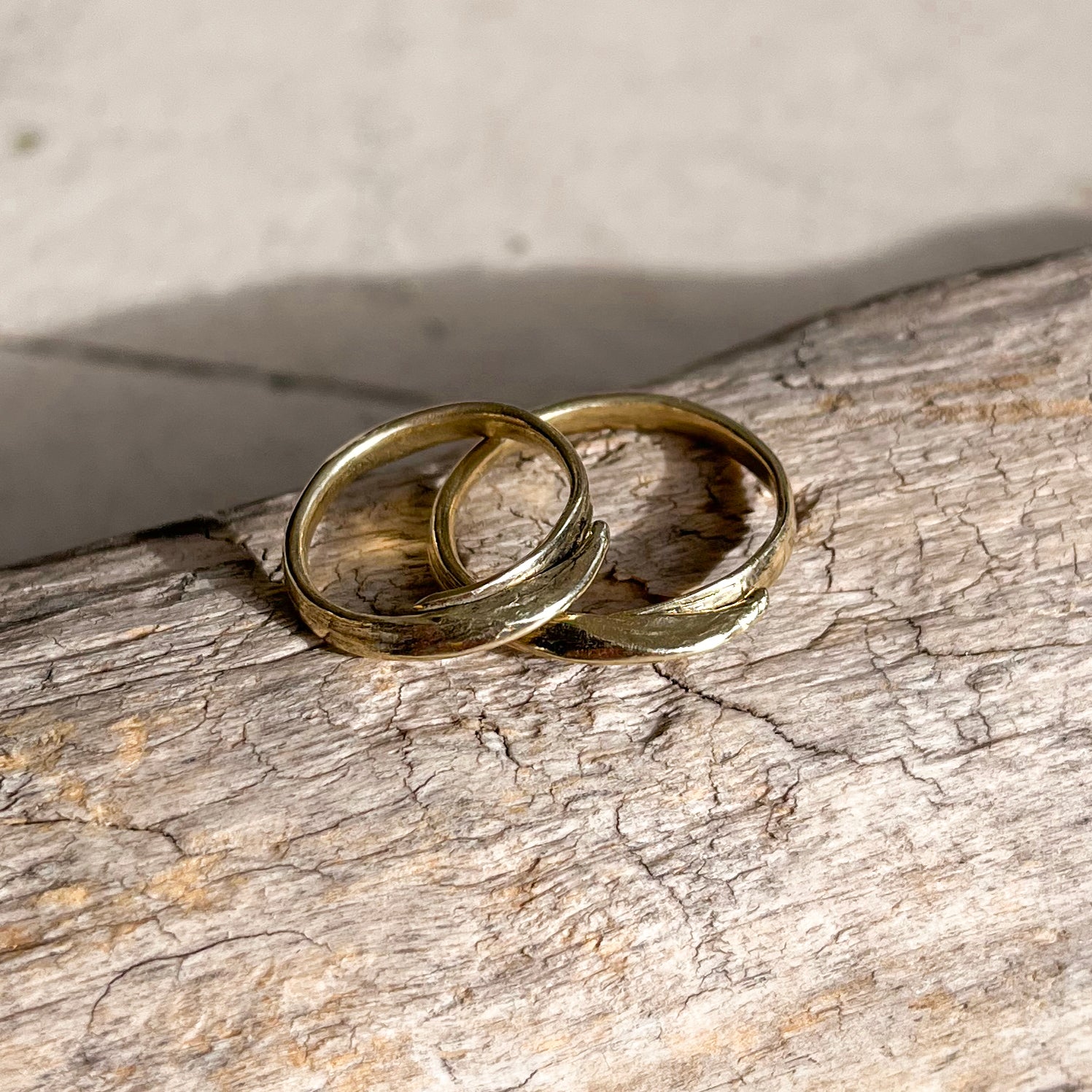 Solid reclaimed 10k gold wraparound fishbone ring adjustable to sizes 5.5 - 9.5 and handmade and finished in our Catskills store-studio by Icelandic designer, Johanna Methusalemsdottir.