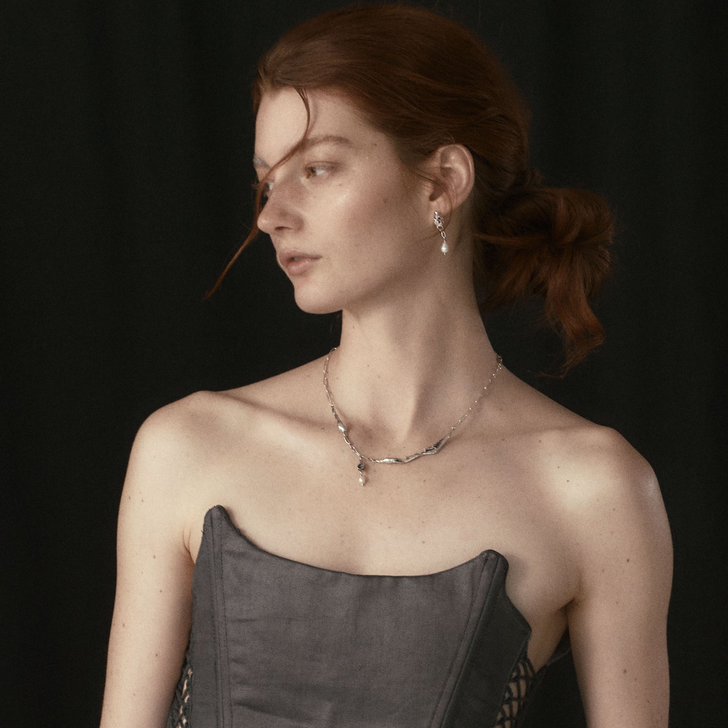 Reclaimed sterling silver seaweed feathers and pod pendant with 3 mm black pearl on sterling paperclip chain adjustable 16-18 inches handmade and finished in our Catskills store-studio