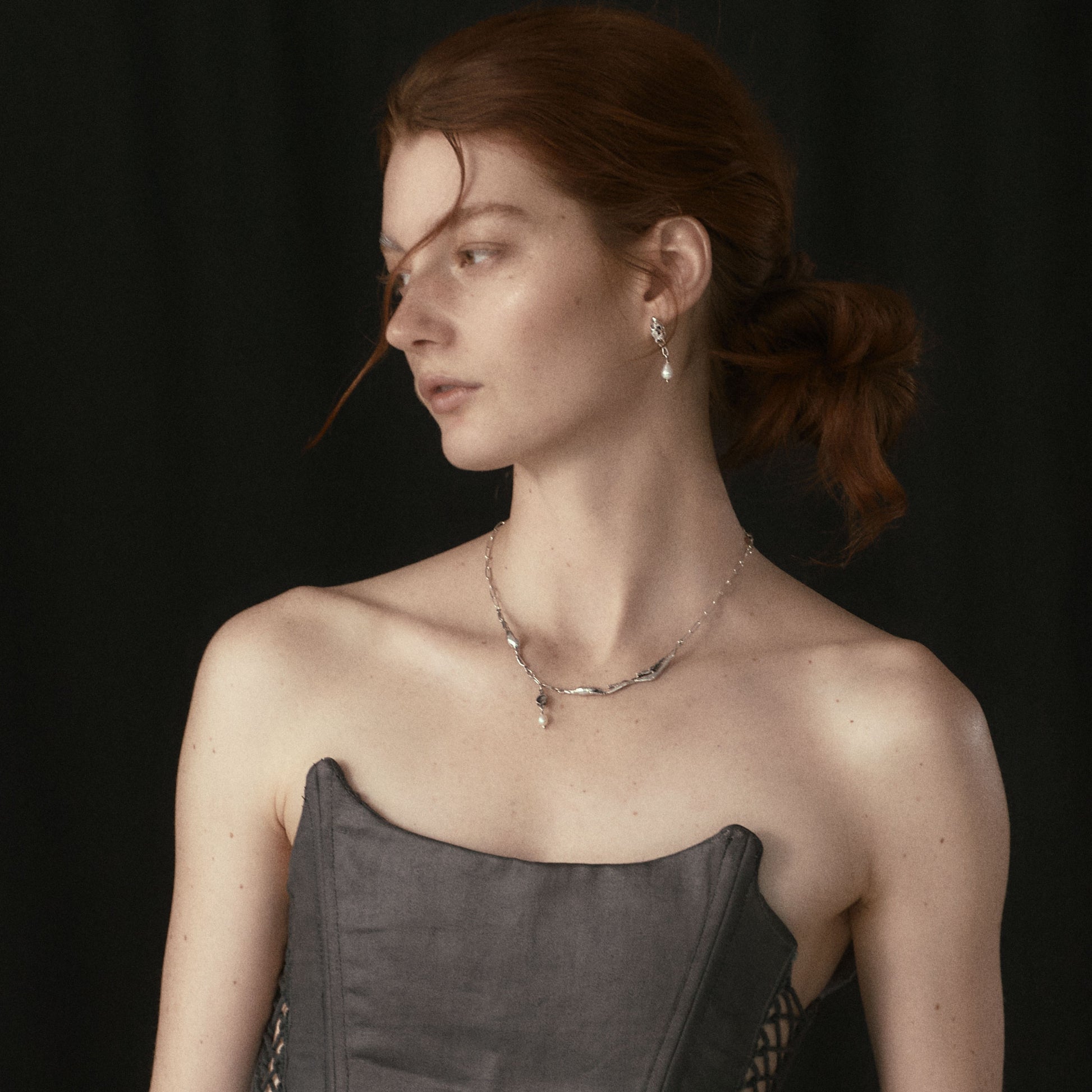 Reclaimed sterling silver seaweed feathers and pod pendant with 3 mm black pearl on sterling paperclip chain adjustable 16-18 inches handmade and finished in our Catskills store-studio