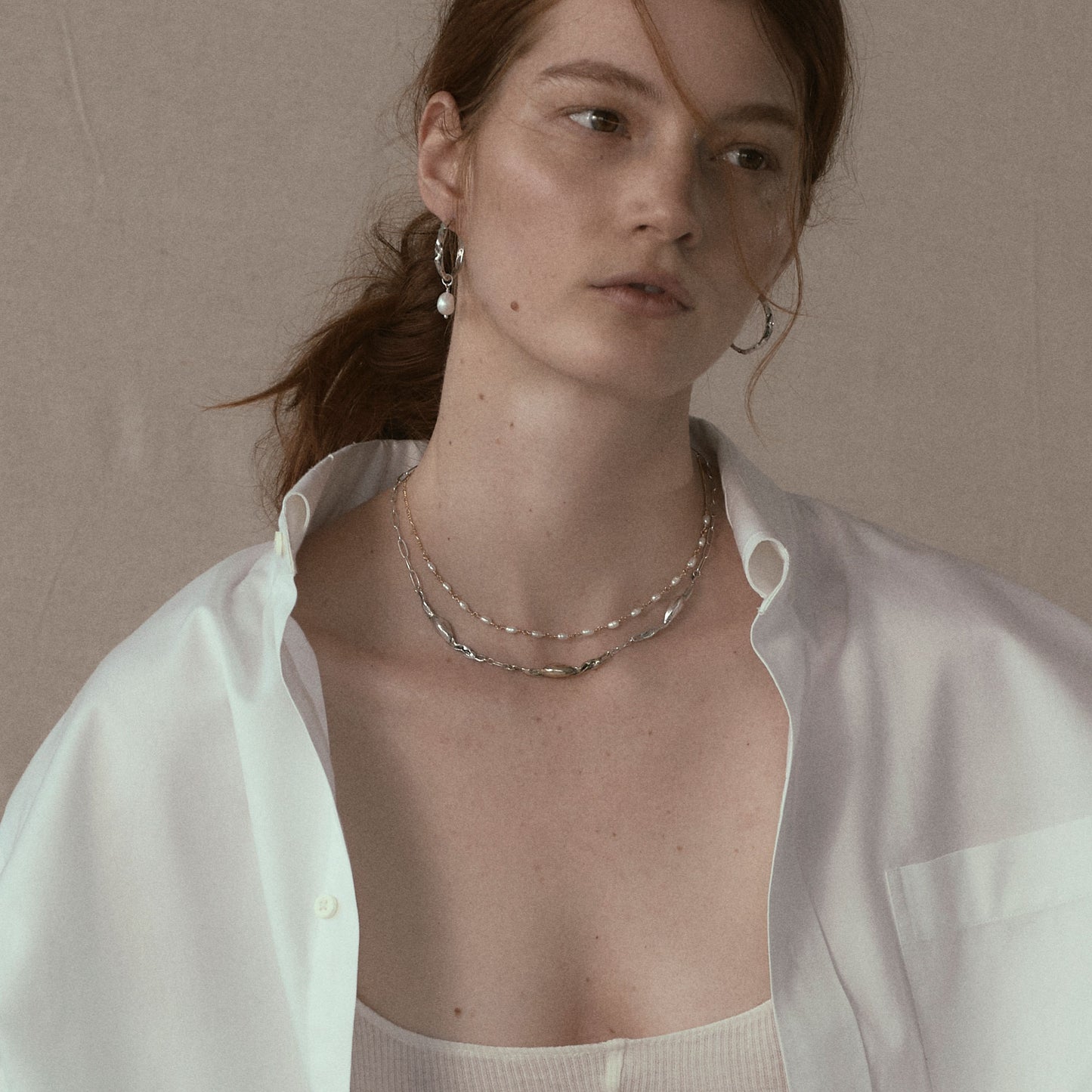 Gold-filled Figaro chain adjustable 15 - 17 inches hand-beaded with your choice of pink opal, freshwater pearls, watermelon tourmaline, and chrysoprase, and two sterling silver and one brass seaweed pods measuring 1.5 inches each on sterling silver paperclip chain adjustable 16-18 inches finished in our Catskills store-studio