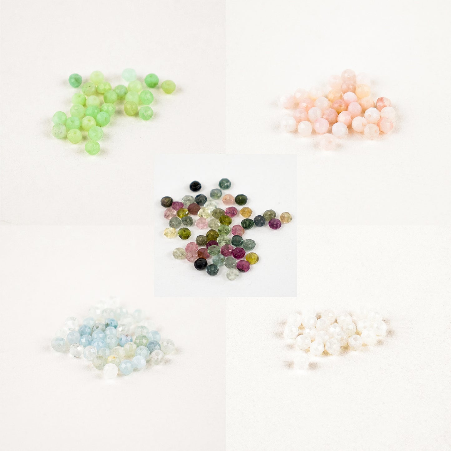 Chrysoprase, opal, watermelon tourmaline, aquamarine, and moonstone beads.