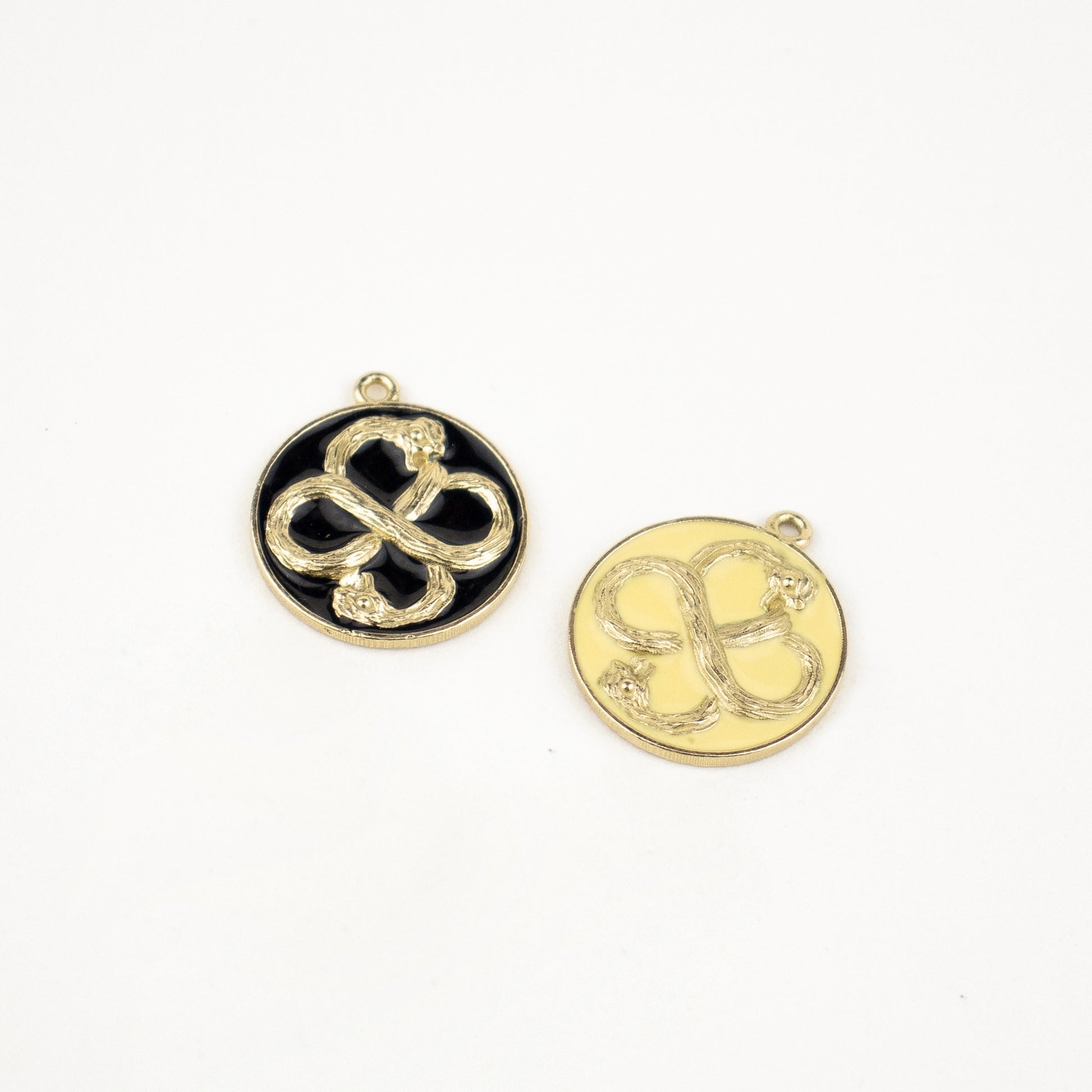 Solid reclaimed 10k gold Serpent Infinity Knot charm 15mm in diameter with your choice of black or lemon enamel on adjustable 16 - 18 inch sterling mixed-chain handmade and finished in our Catskills store-studio. Serpent symbolism can represent life and healing, and the infinite knot simplicity and balance.