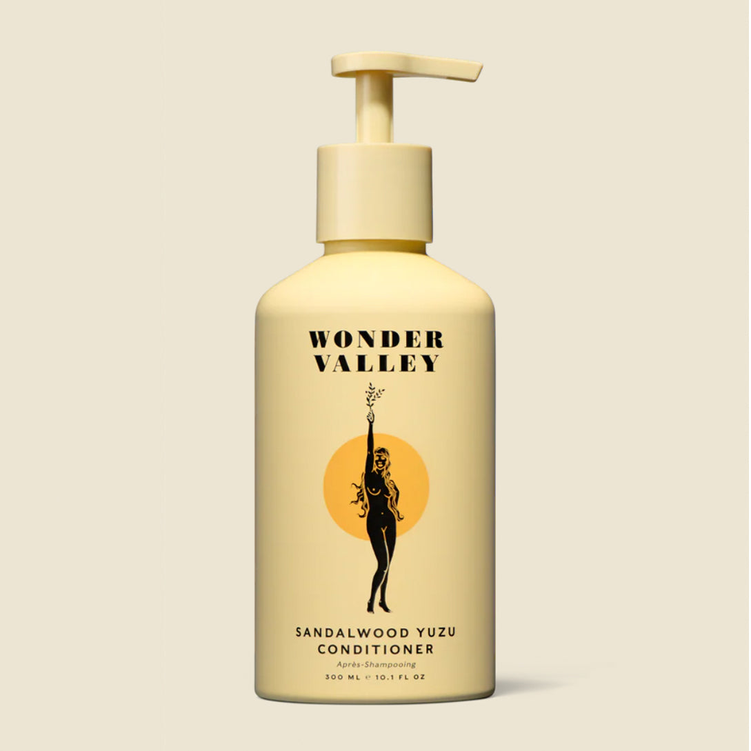 Sandalwood Yuzu Conditioner from Wonder Valley is gentle enough for daily use, vegan, cruelty-free, nontoxic, and contains no parabens, phthalates, petrolatum, silicones, sulfates, artificial dye or fragrance. It hydrates, detangles, adds strength, and is color-safe.