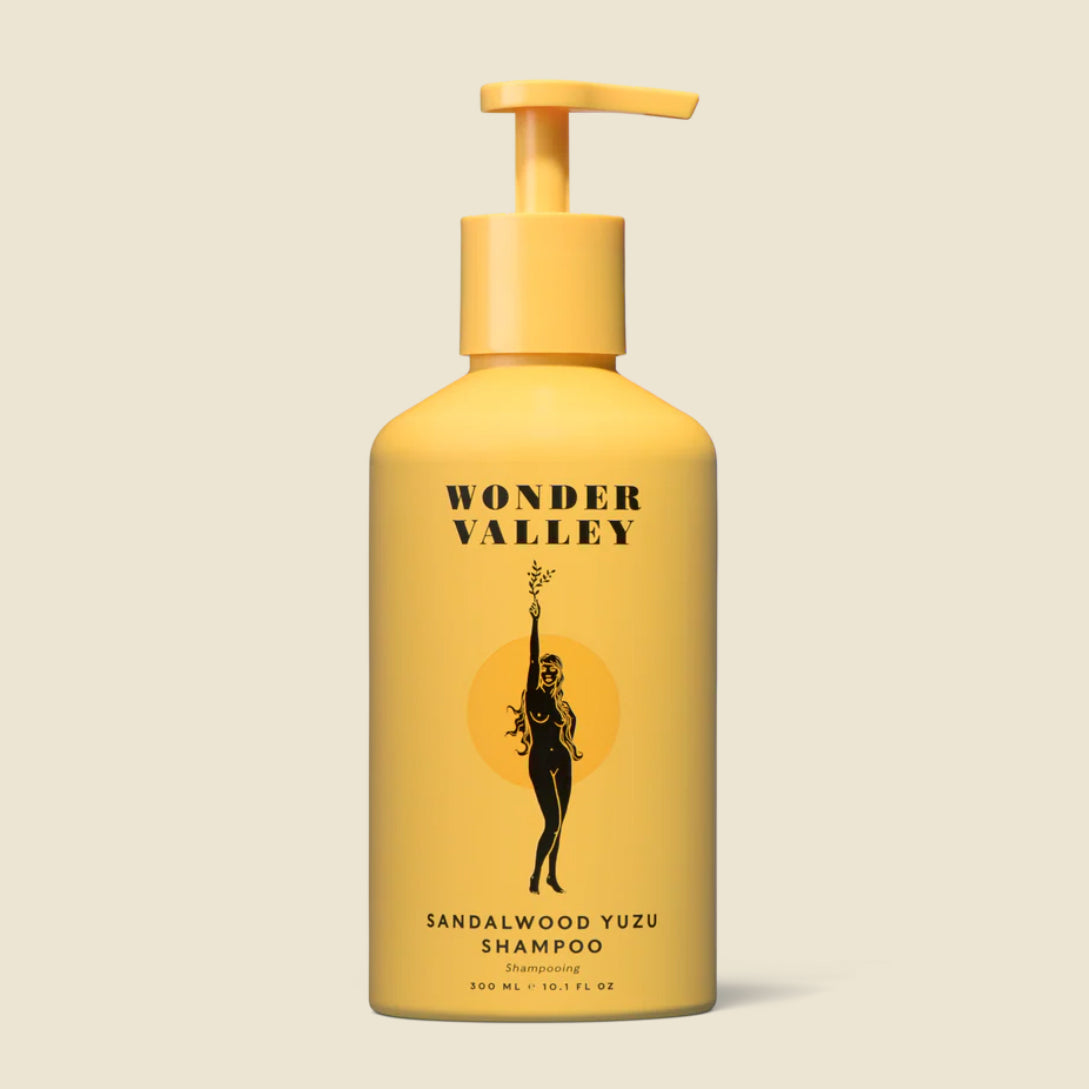 Sandalwood Yuzu Shampoo from Wonder Valley is gentle enough for daily use, vegan, cruelty-free, nontoxic, and contains no parabens, phthalates, petrolatum, silicones, sulfates, artificial dye or fragrance. It creates a rich lather which is color-safe, adds shine and strength, and facilitates scalp health with tea tree and calendula oil.