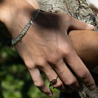 beaded with your choice of chrysoprase, opal, aquamarine, watermelon tourmaline, moonstone, onyx, citrine, pyrite or labradorite beads handmade and finished in our Catskills store-studio shown on model.