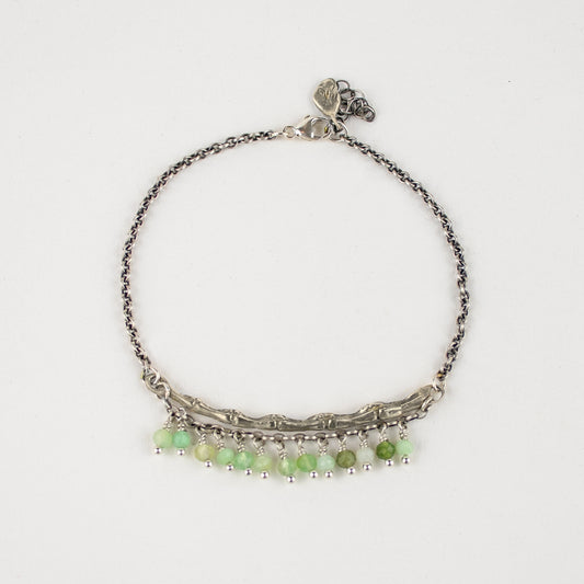 Sterling silver spine 2 inches in length on sterling silver cable-chain hand-beaded with chrysoprase.