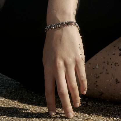 Reclaimed sterling silver cable-chain fringe bracelet hand-beaded with your choice of chrysoprase, opal, aquamarine, watermelon tourmaline, moonstone, onyx, citrine, pyrite or labradorite beads handmade and finished in our Catskills store-studio shown on model.