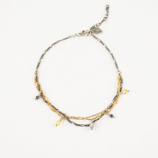 Tangled reclaimed sterling silver and gold-filled mixed-chain 7 inches in diameter hand-beaded with citrine, labradorite and pyrite handmade and finished in our Catskills store-studio.