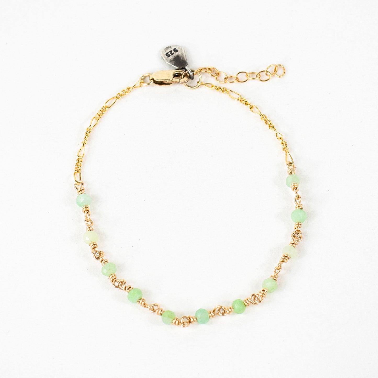 Gold-filled Figaro chain hand-beaded with your choice of 2mm watermelon tourmaline, chrysoprase, opal, aquamarine, moonstone, onyx, citrine, pyrite or labradorite beads and adjustable 6 - 8 inches with sterling Kria tag. Handmade and finished in our Catskills store-studio.