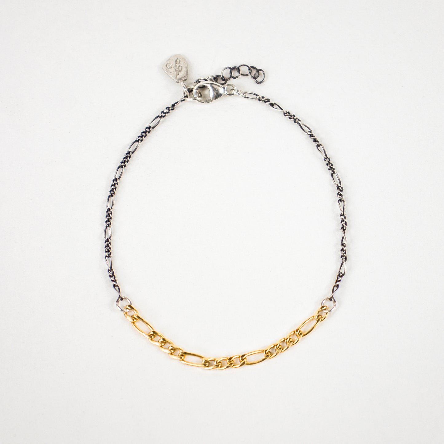 Multi-gauge sterling silver and gold-filled Figaro mixed-chain bracelet adjustable 6.5 - 7.5 inches with sterling Kria tag in two designs handmade and finished in our Catskills store-studio.