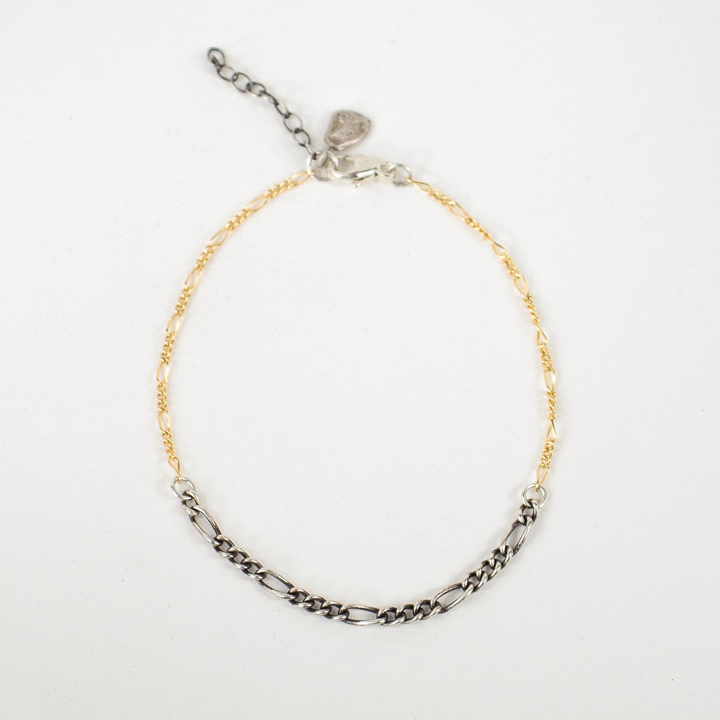 Multi-gauge sterling silver and gold-filled Figaro mixed-chain bracelet adjustable 6.5 - 7.5 inches with sterling Kria tag in two designs handmade and finished in our Catskills store-studio.