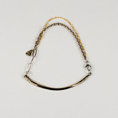 Arc charm measuring 2 inches in length available in reclaimed sterling silver or brass on a gold-filled and sterling mixed-chain bracelet handmade and finished in our Catskills store-studio