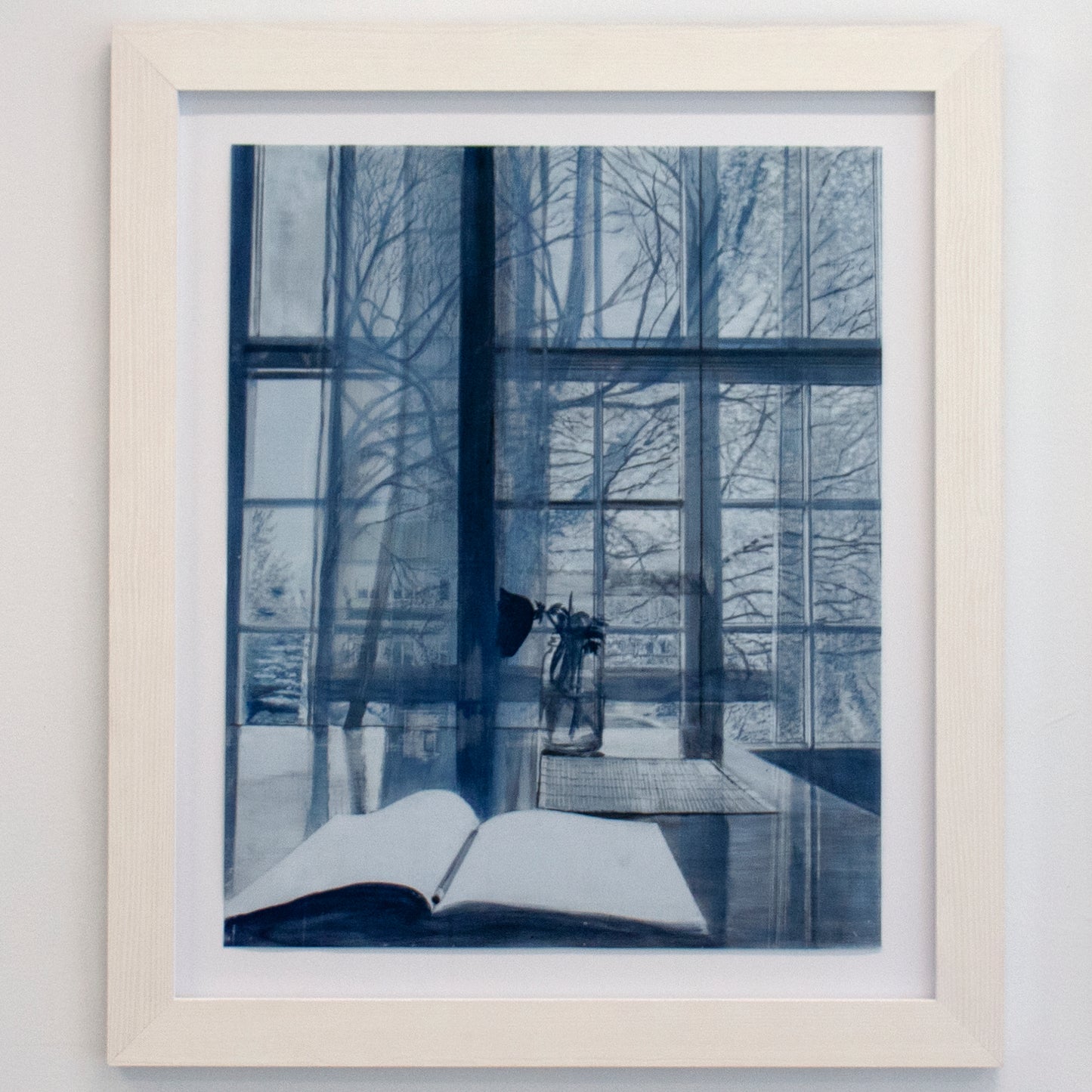 Stephanie by Rebecca Chamberlain, lithography ink painting on 22" x 16" vintage tracing cloth professionally mounted floating in 1.75" white-stained wood frame behind museum glass shown installed.