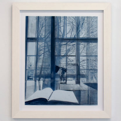Stephanie by Rebecca Chamberlain, lithography ink painting on 22" x 16" vintage tracing cloth professionally mounted floating in 1.75" white-stained wood frame behind museum glass shown installed.
